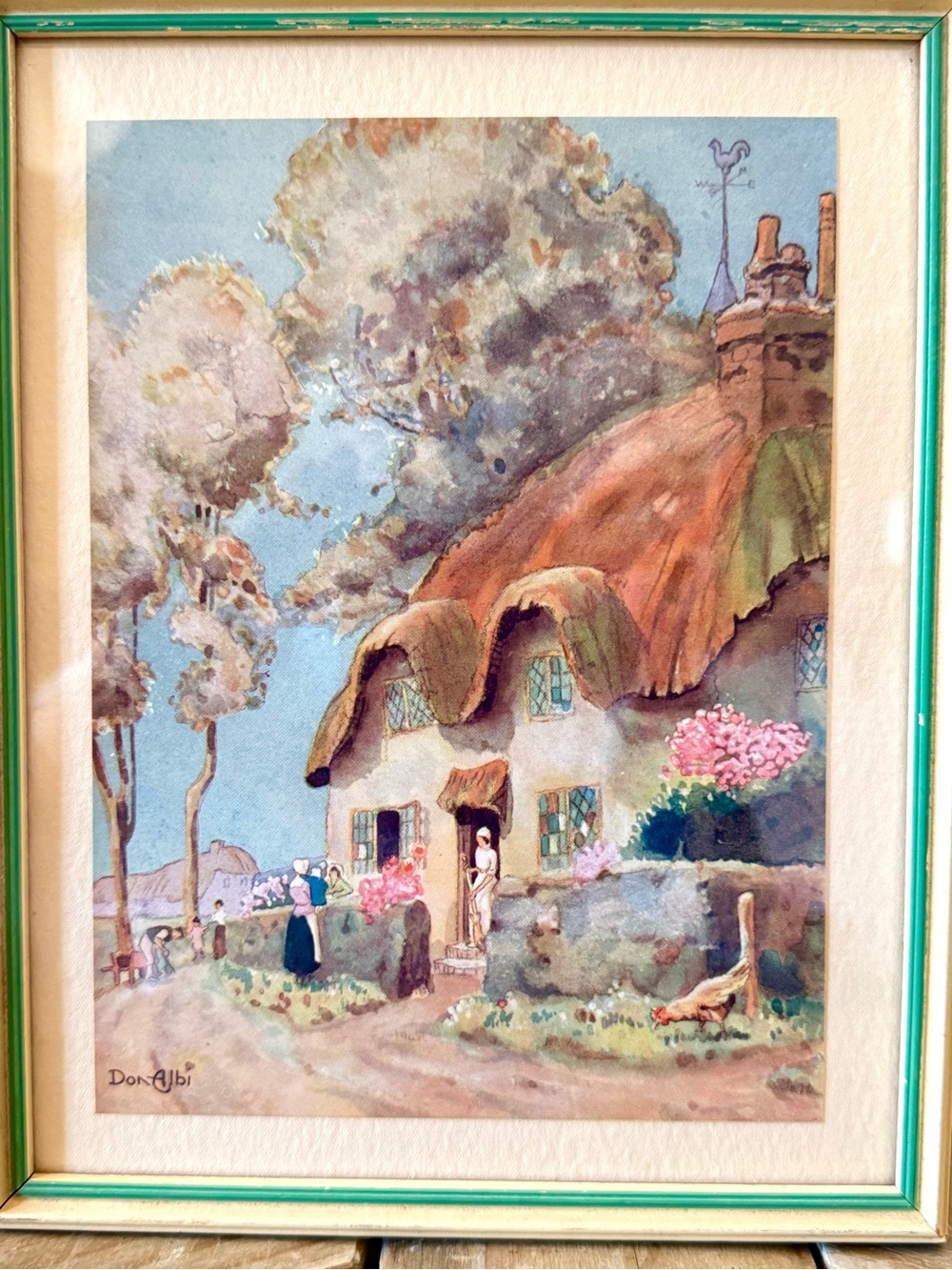 Vintage Framed Watercolor Print by Don Albi- English Country Cottage, 9.5” - Picture 2 of 5